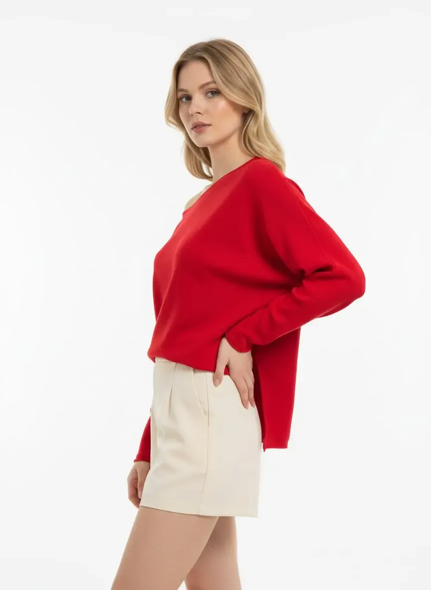 Kadın Kayık Yaka Asimetrik Rib Kesim Premium İplik Triko Kazak 12409