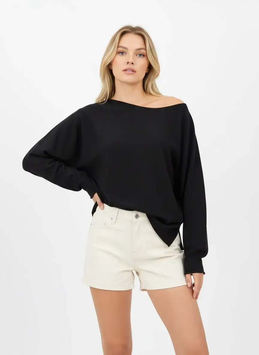 Kadın Kayık Yaka Asimetrik Rib Kesim Premium İplik Triko Kazak 12409