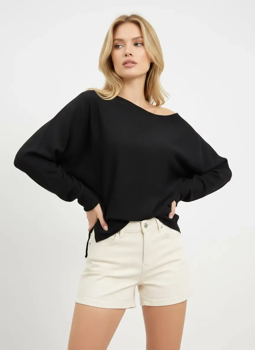 Kadın Kayık Yaka Asimetrik Rib Kesim Premium İplik Triko Kazak 12409