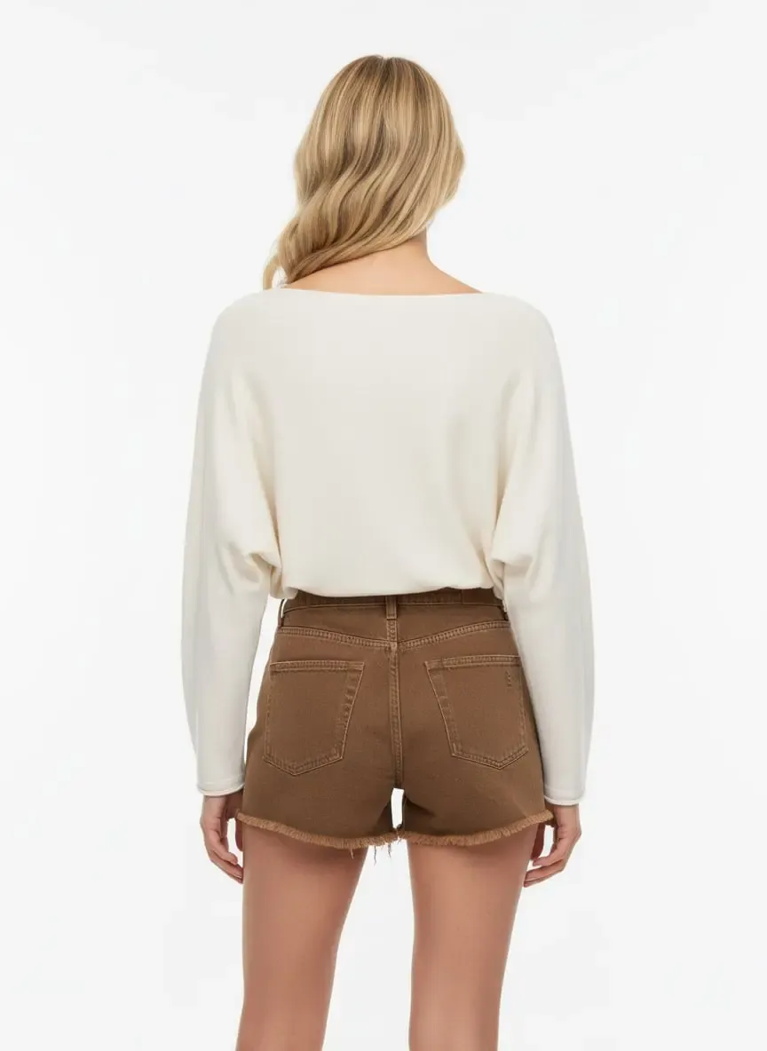 Kadın Kayık Yaka Asimetrik Rib Kesim Premium İplik Triko Kazak 12409