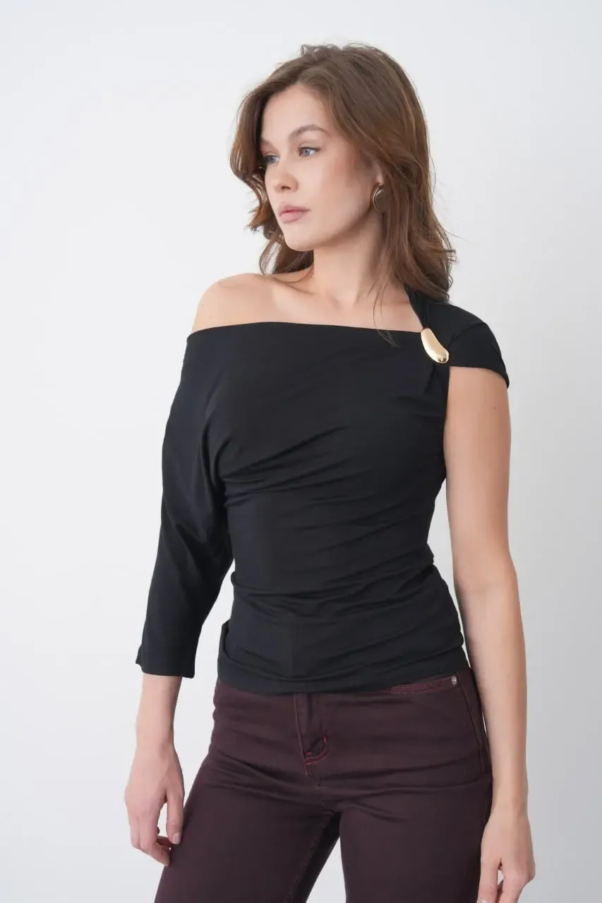 Kadın Kayık Yaka Büzgülü Omuz Detay Aksesuarlı Tasarım Modal Touch Bluz 13012