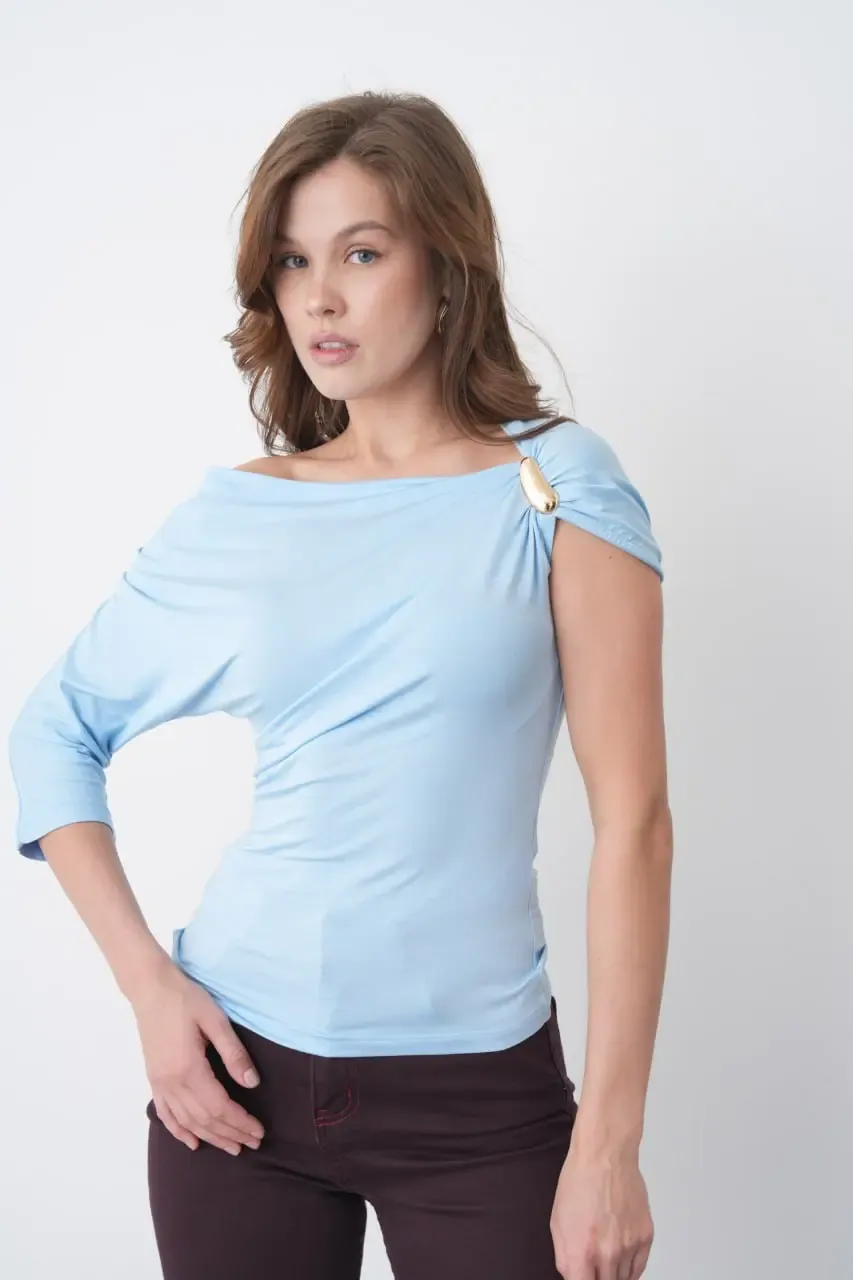 Kadın Kayık Yaka Büzgülü Omuz Detay Aksesuarlı Tasarım Modal Touch Bluz 13012