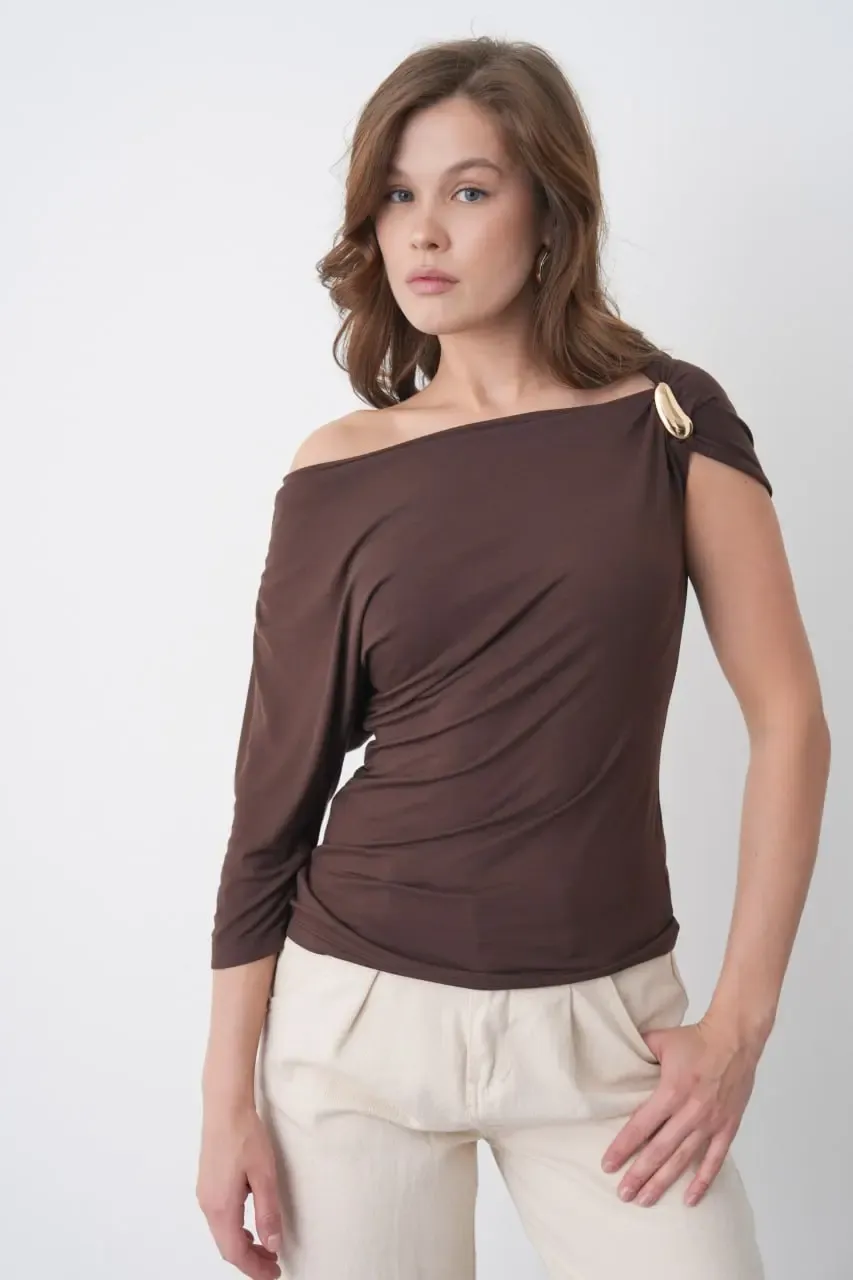 Kadın Kayık Yaka Büzgülü Omuz Detay Aksesuarlı Tasarım Modal Touch Bluz 13012