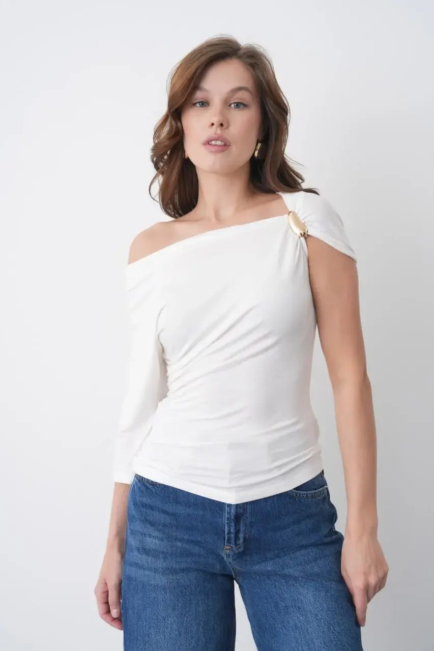 Kadın Kayık Yaka Büzgülü Omuz Detay Aksesuarlı Tasarım Modal Touch Bluz 13012
