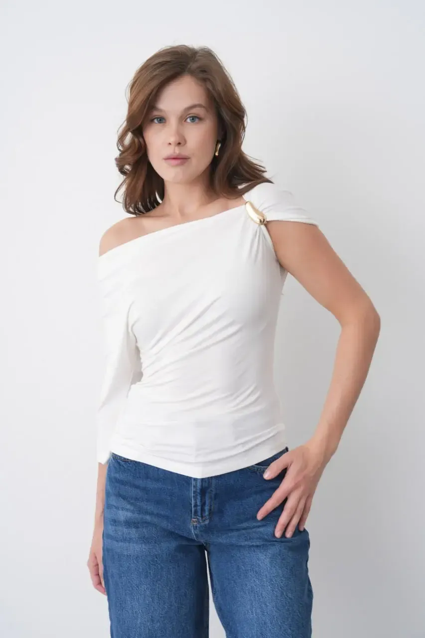 Kadın Kayık Yaka Büzgülü Omuz Detay Aksesuarlı Tasarım Modal Touch Bluz 13012