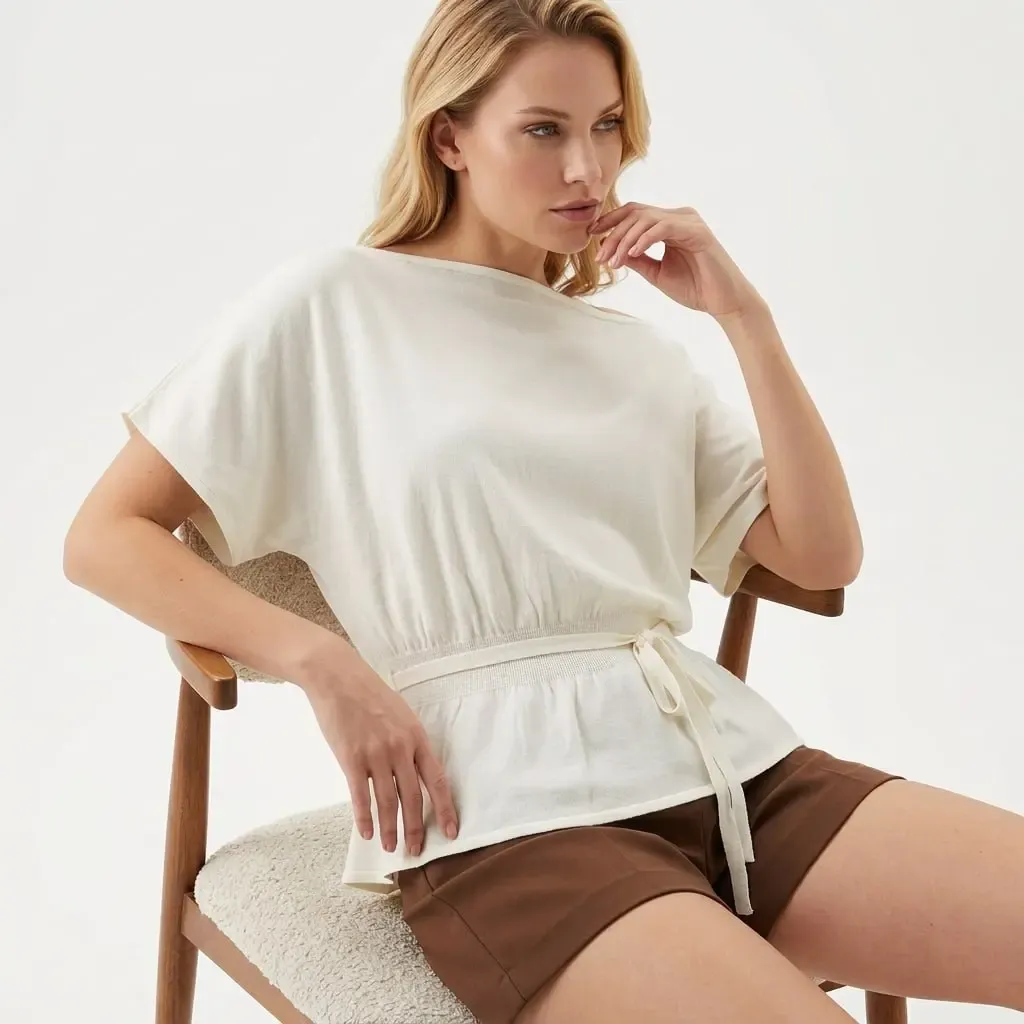 Kadın Kayık Yaka Gipeli Yarasa Kol Viskon Trik Kazak 12466.Vrt