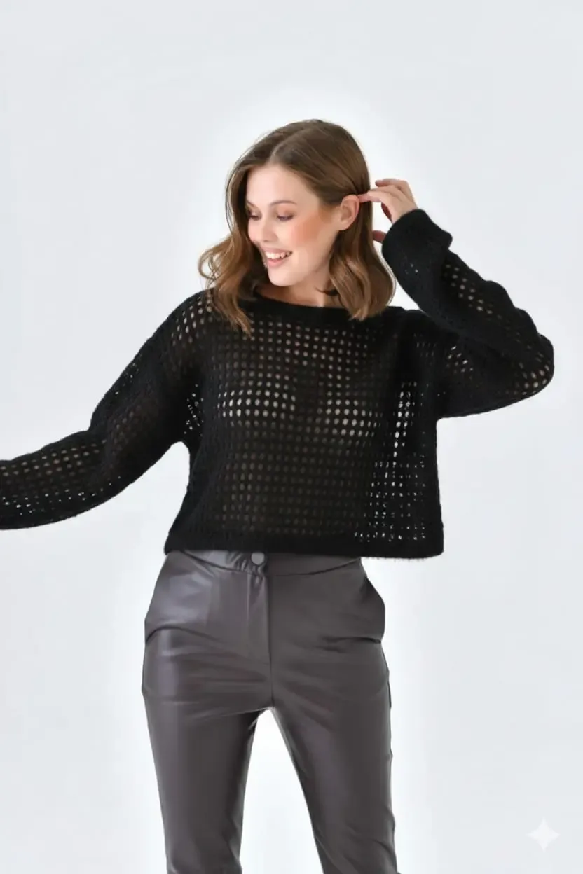 Kadın Kayık Yaka Örgü Detay Simli Crop Triko Kazak