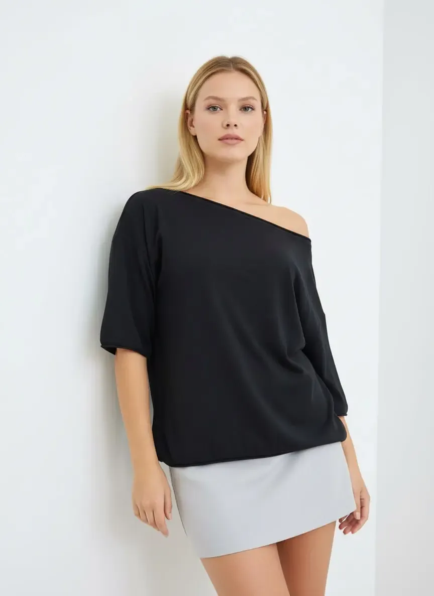 Kadın Kayık Yaka Salaş Viskon Triko Bluz 12425.Vrt
