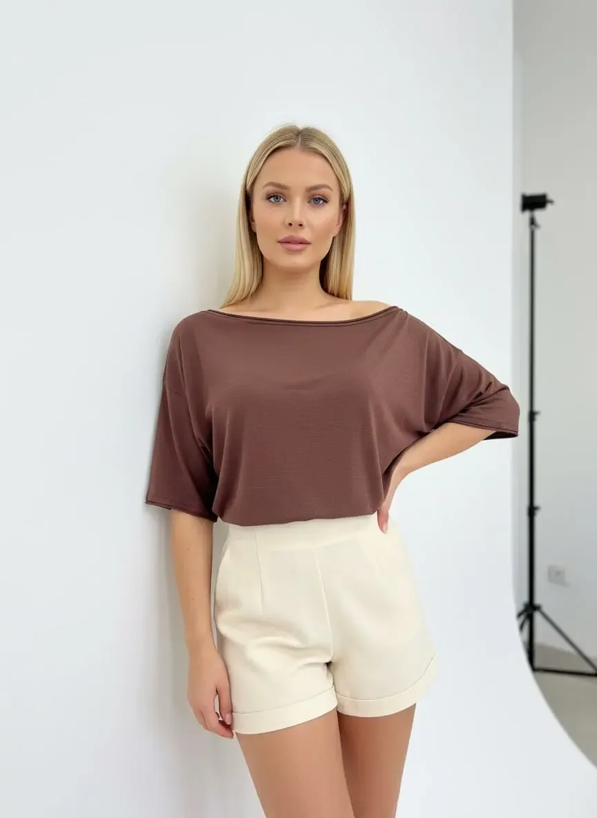 Kadın Kayık Yaka Salaş Viskon Triko Bluz 12425.Vrt