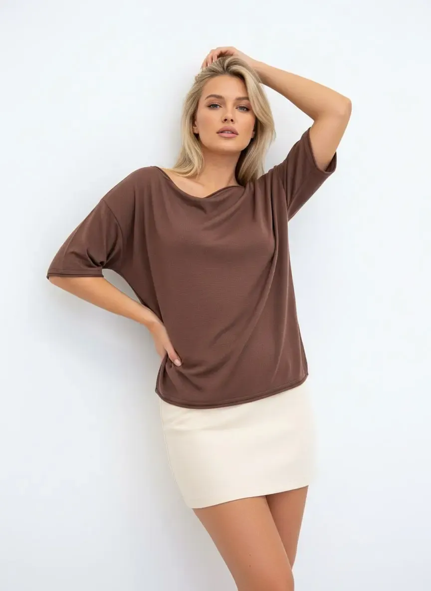 Kadın Kayık Yaka Salaş Viskon Triko Bluz 12425.Vrt