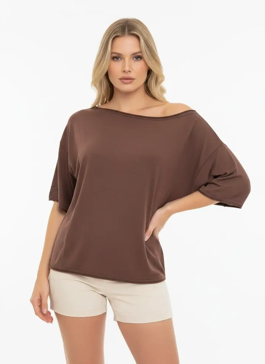 Kadın Kayık Yaka Salaş Viskon Triko Bluz 12425.Vrt