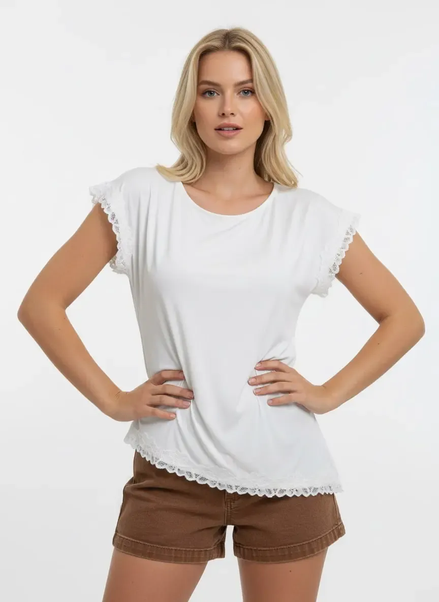 Kadın Kayık Yaka Yanı Büzgülü Yırtmaçlı Dantel Detay Penye Bluz 13016