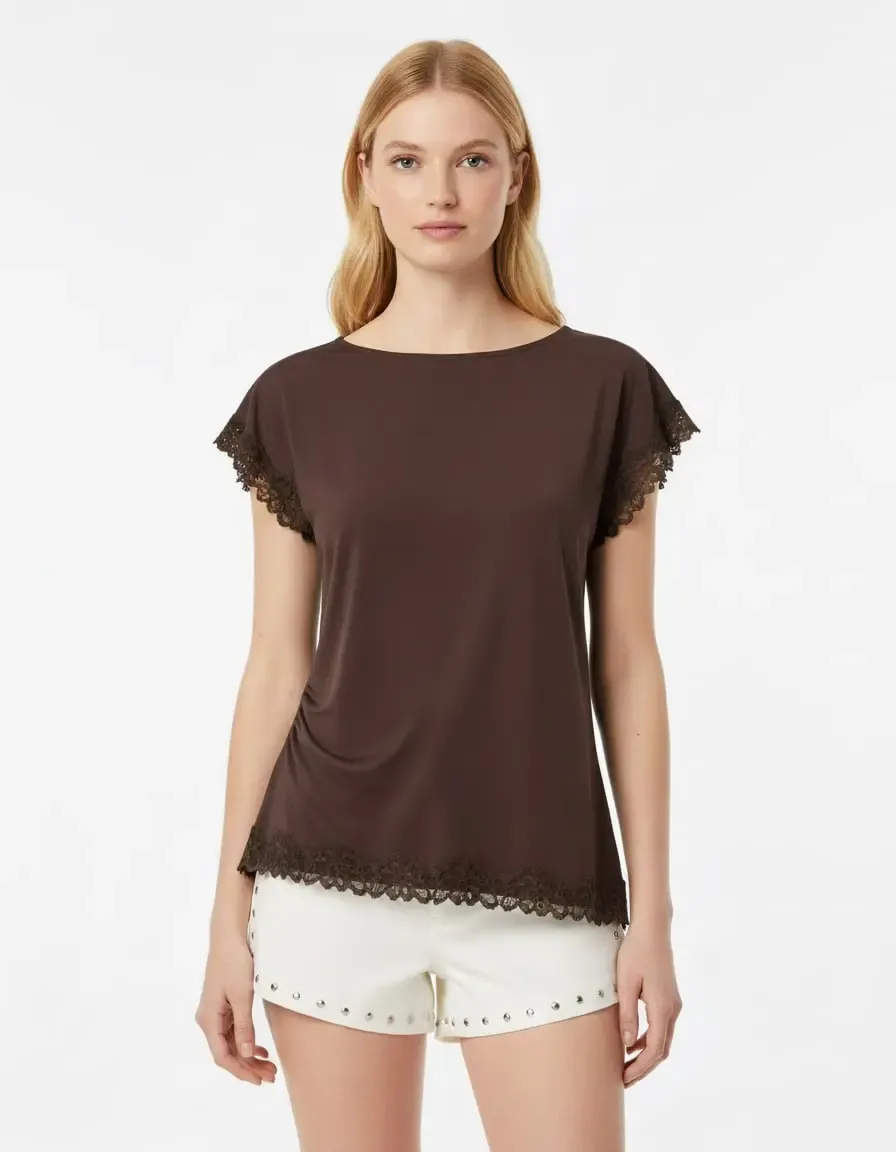 Kadın Kayık Yaka Yanı Büzgülü Yırtmaçlı Dantel Detay Penye Bluz 13016