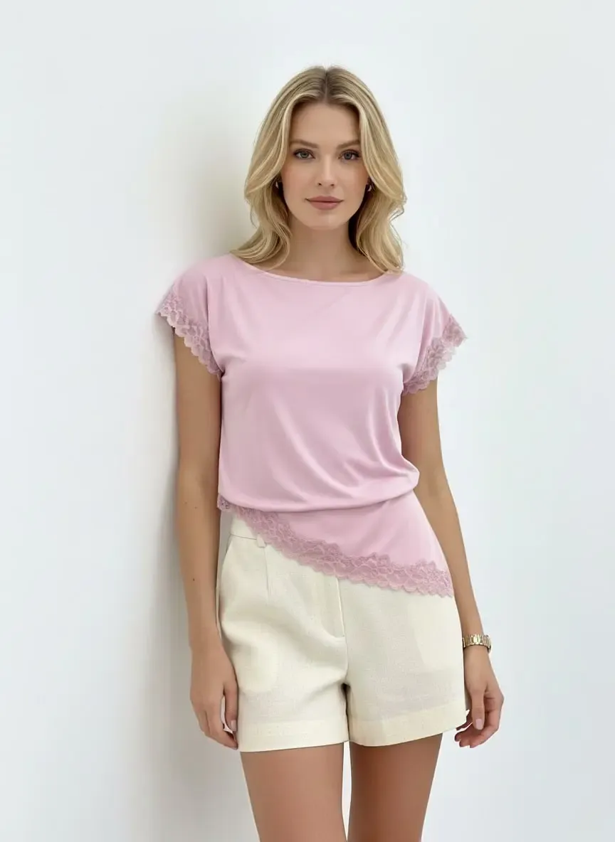 Kadın Kayık Yaka Yanı Büzgülü Yırtmaçlı Dantel Detay Penye Bluz 13016