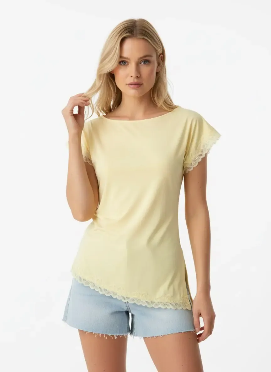 Kadın Kayık Yaka Yanı Büzgülü Yırtmaçlı Dantel Detay Penye Bluz 13016