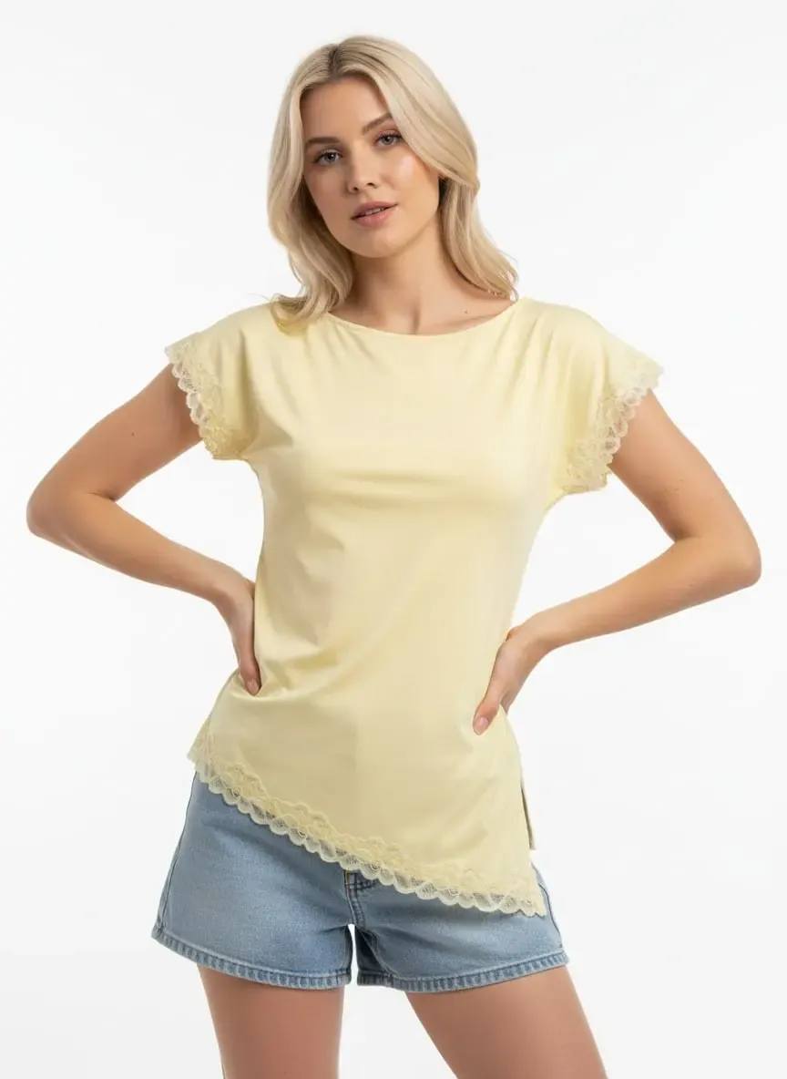 Kadın Kayık Yaka Yanı Büzgülü Yırtmaçlı Dantel Detay Penye Bluz 13016