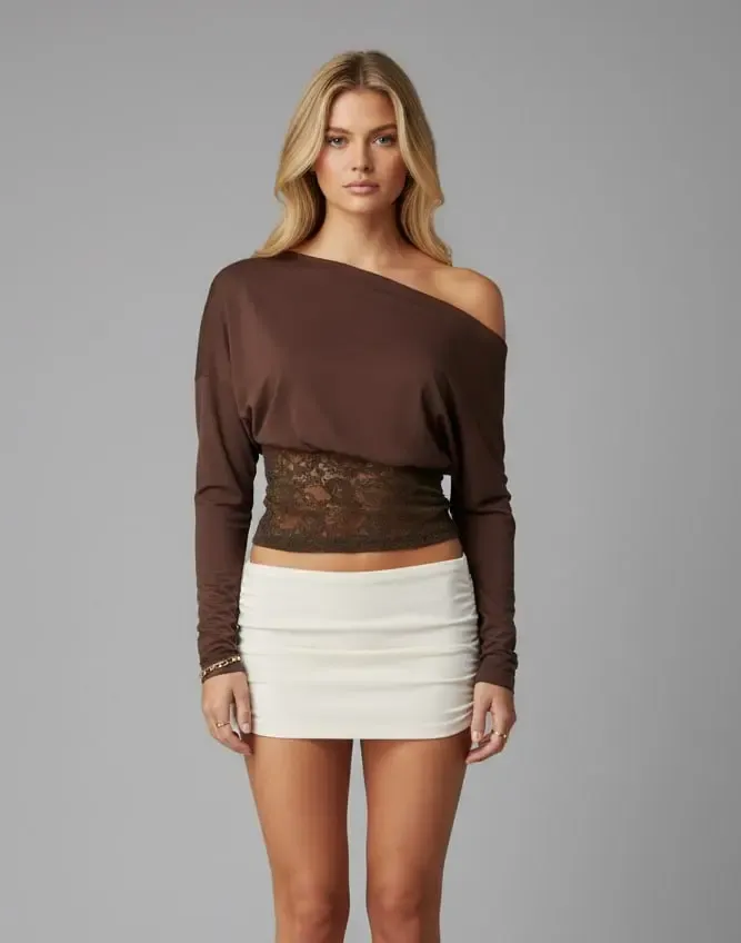 Kadın Kayık Yaka Yarasa Kol Eteği Dantelli Penye Bluz 13011