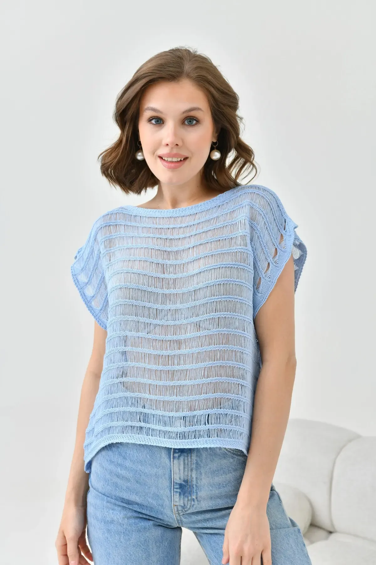 Kadın Mavi Ajurlu Kayık Yaka Salaş Triko Bluz