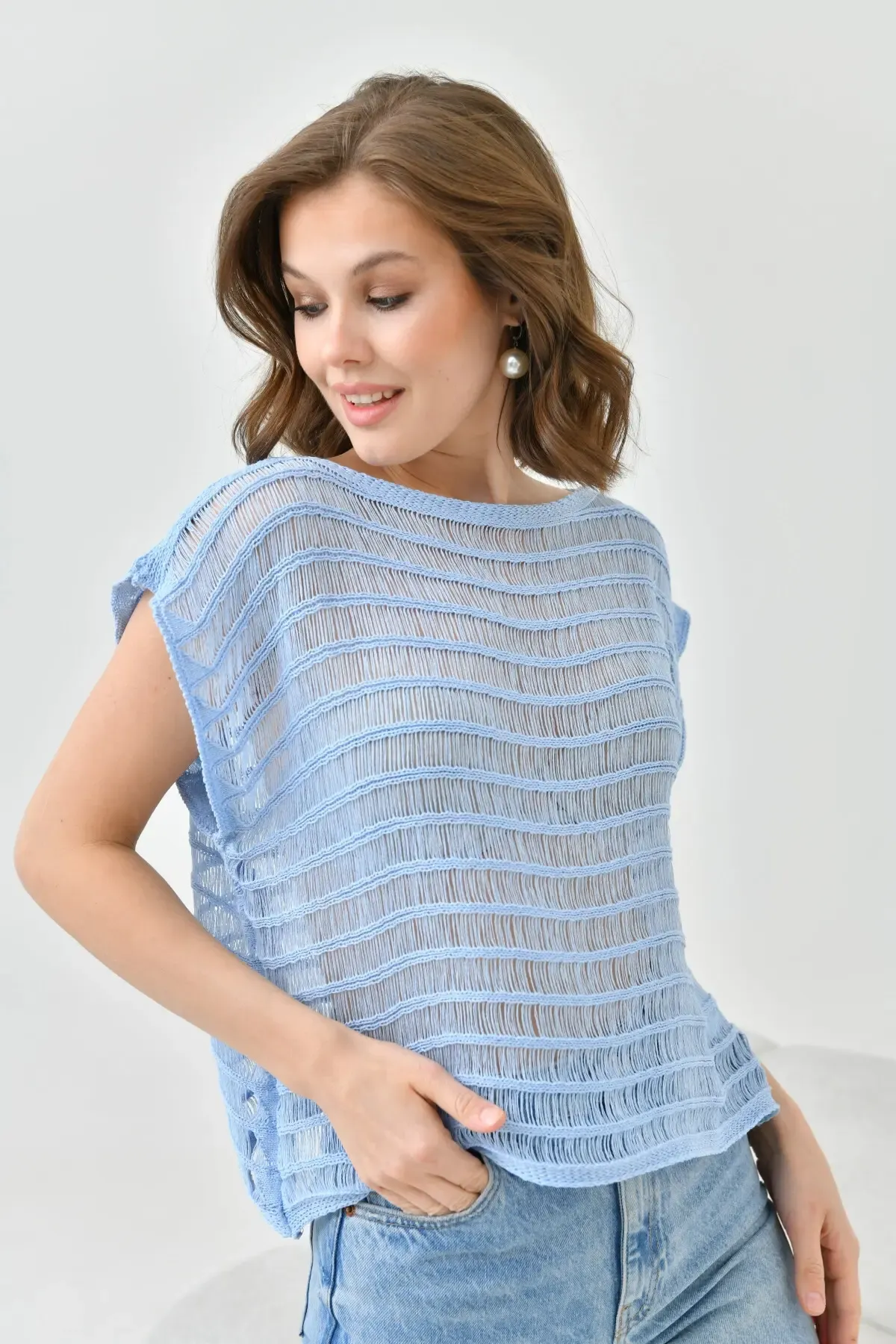 Kadın Mavi Ajurlu Kayık Yaka Salaş Triko Bluz