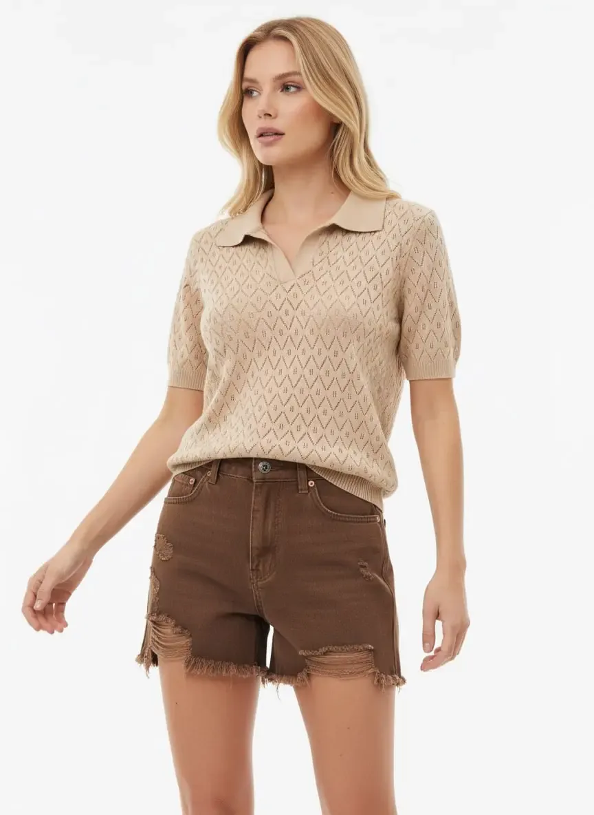 Kadın Polo Yaka Ajurlu Örgü Detay Triko Kazak 12145