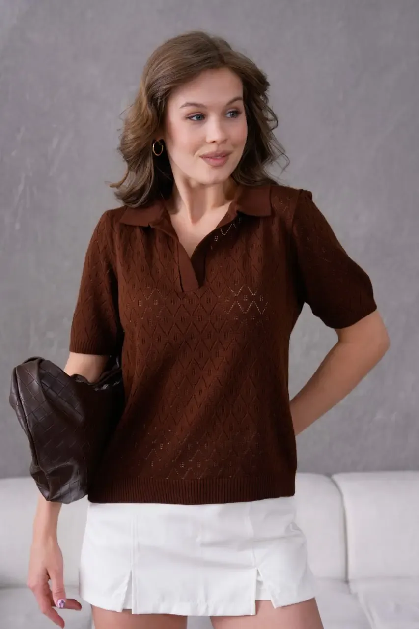 Kadın Polo Yaka Ajurlu Örgü Detay Triko Kazak 12145