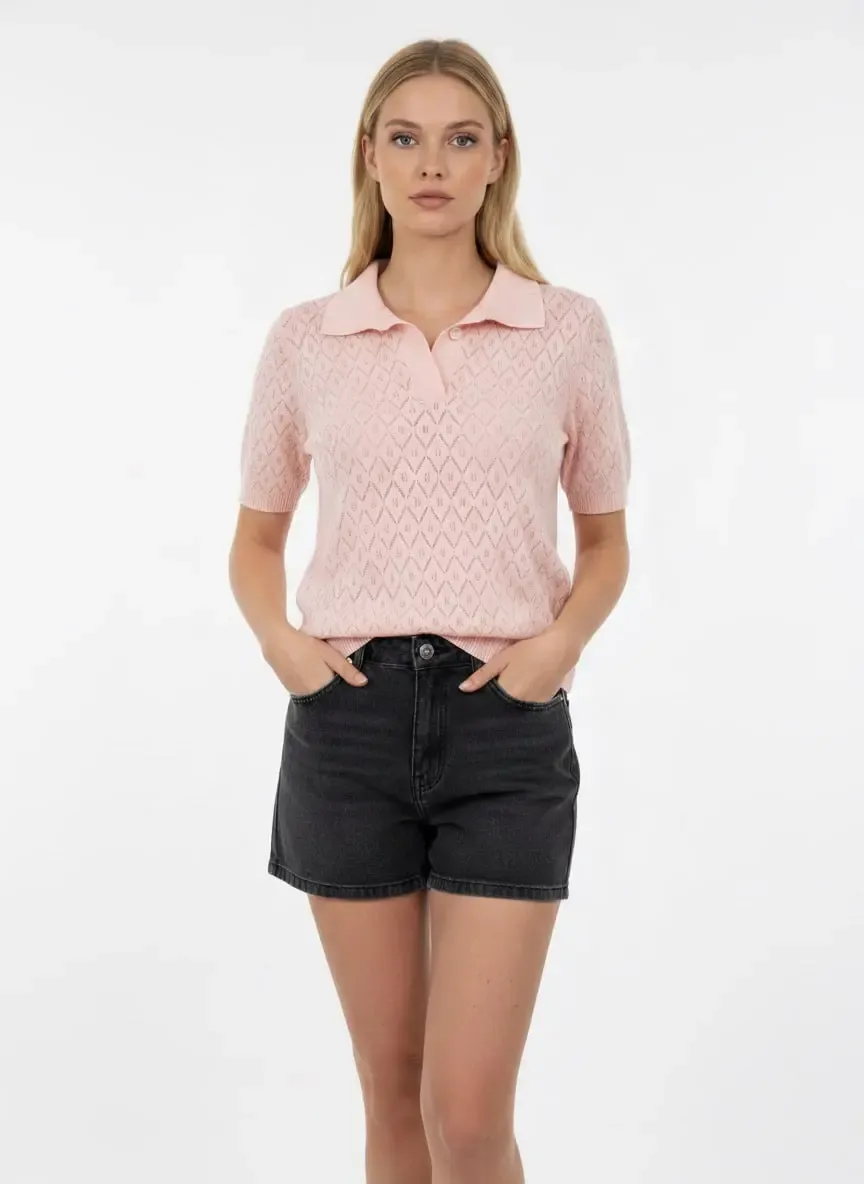 Kadın Polo Yaka Ajurlu Örgü Detay Triko Kazak 12145