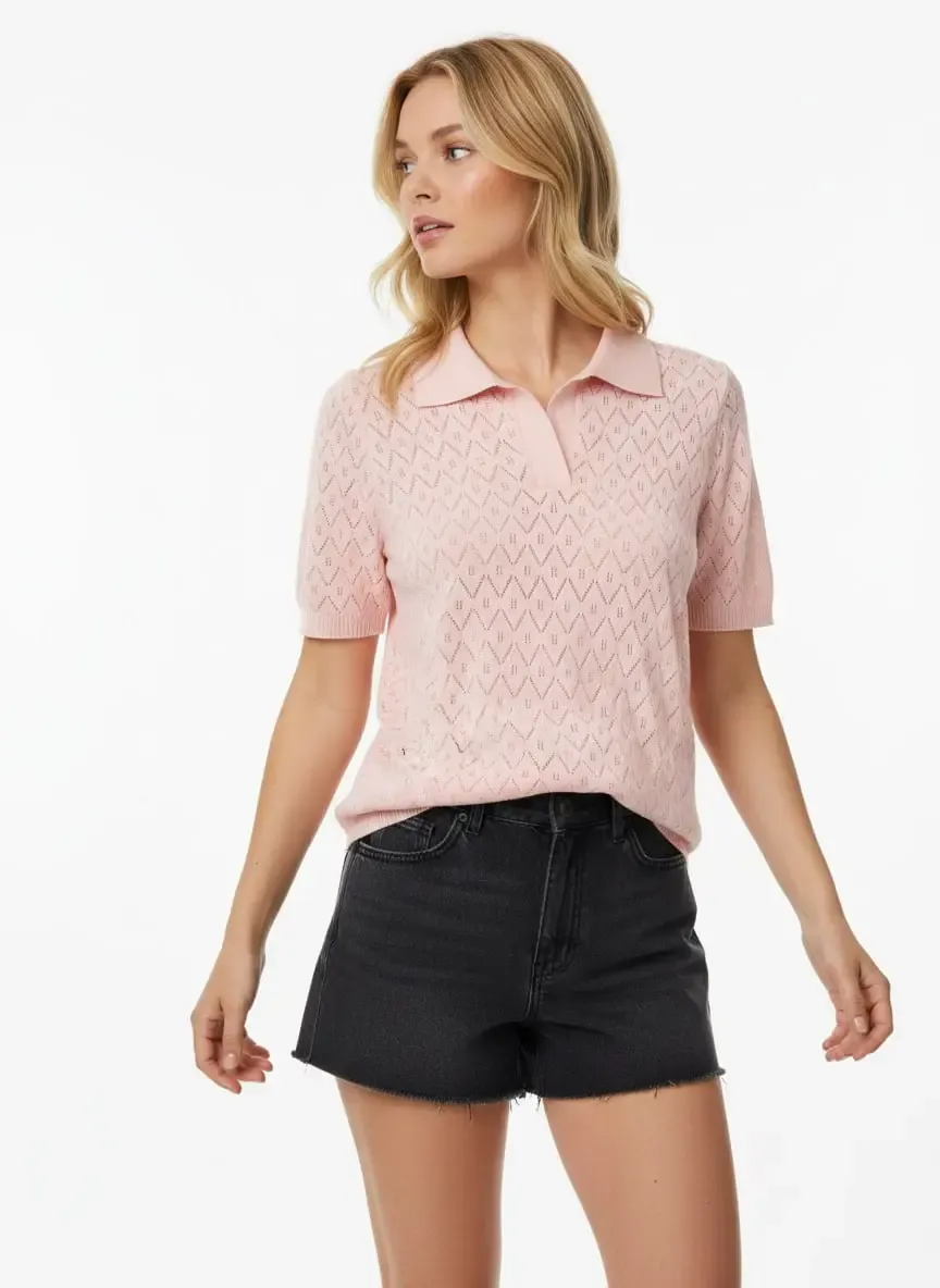 Kadın Polo Yaka Ajurlu Örgü Detay Triko Kazak 12145