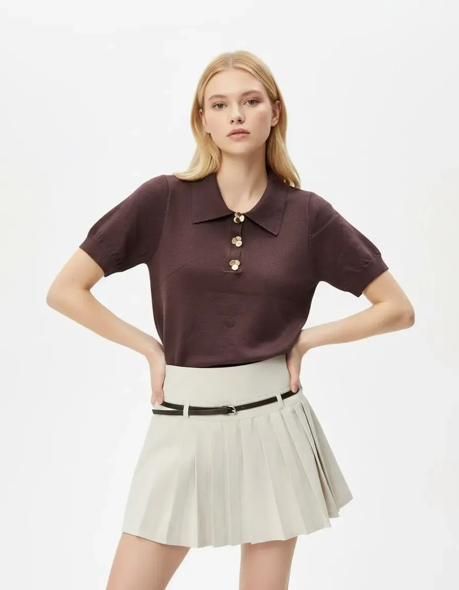 Kadın Polo Yaka Aksesuar Detay Premium İplik Triko Kazak 12421.Crs