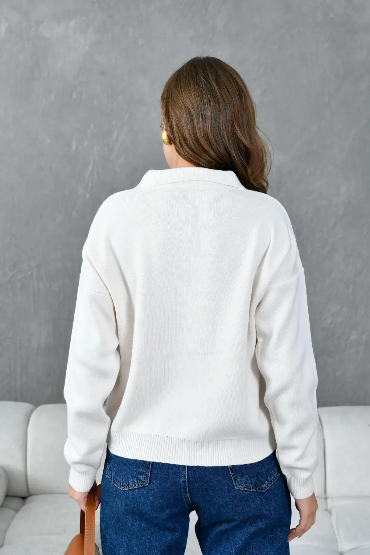 Kadın Polo Yaka Basic Triko Kazak 10960