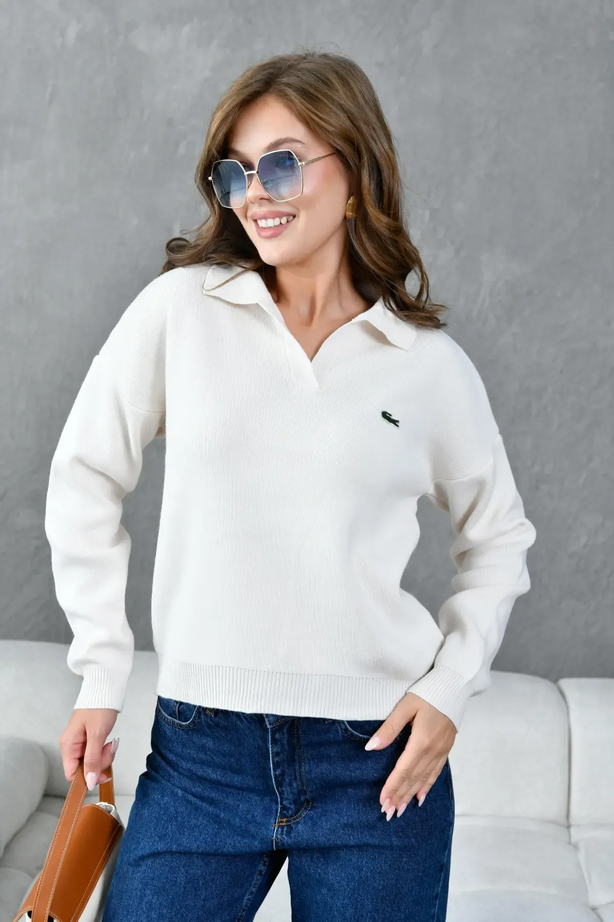 Kadın Polo Yaka Basic Triko Kazak 10960