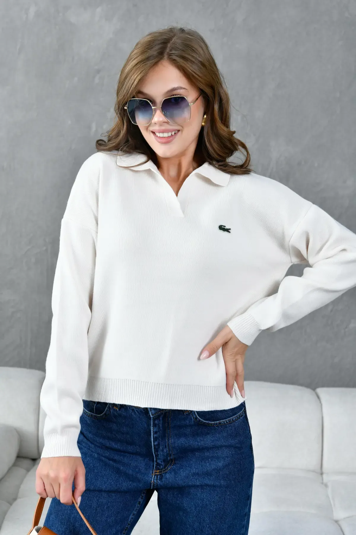 Kadın Polo Yaka Basic Triko Kazak 10960