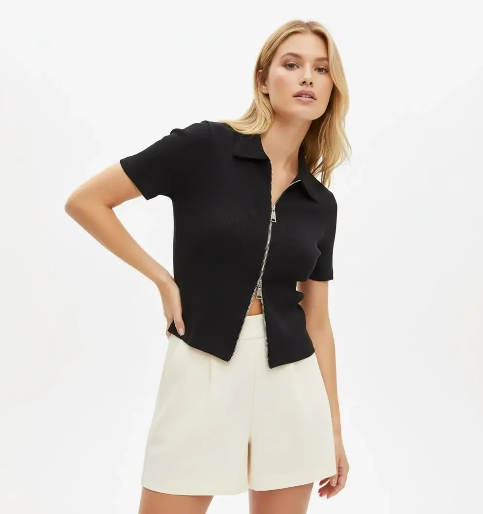 Kadın Polo Yaka Çift Fermuarlı Kaşkorse Body Bluz 13004