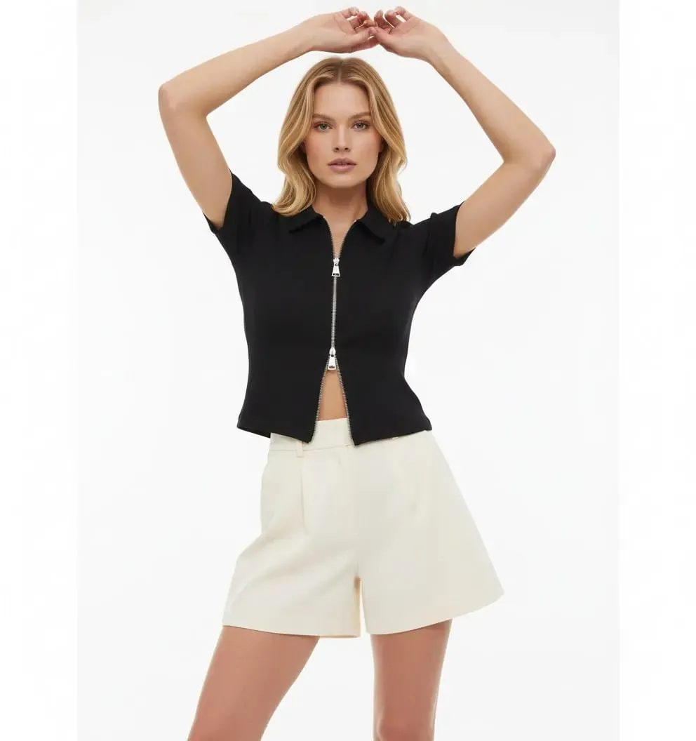 Kadın Polo Yaka Çift Fermuarlı Kaşkorse Body Bluz 13004