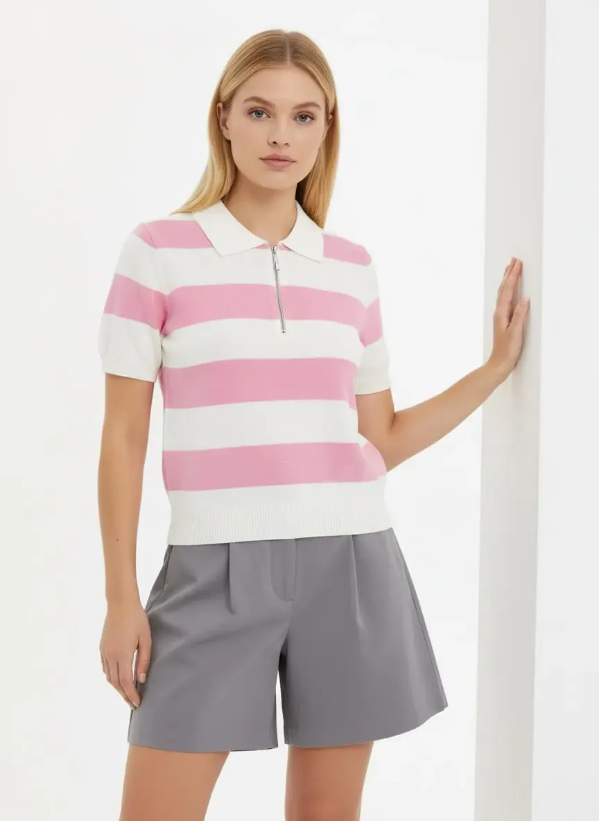 Kadın Polo Yaka Çizgi Desenli Fermuarlı Triko Kazak 12460