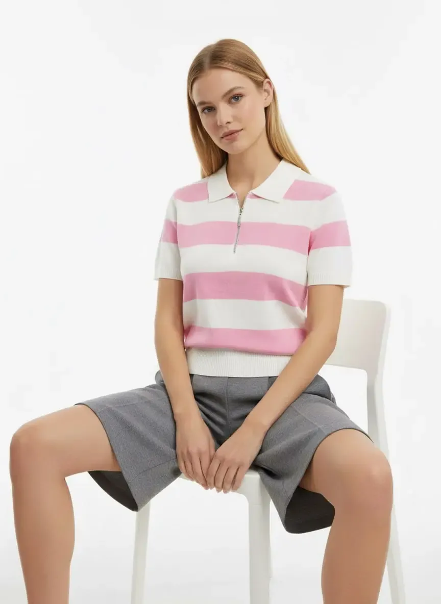 Kadın Polo Yaka Çizgi Desenli Fermuarlı Triko Kazak 12460