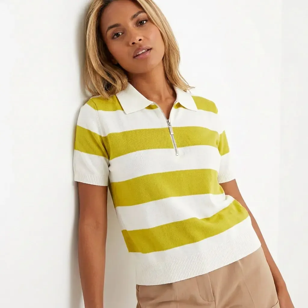 Kadın Polo Yaka Çizgi Desenli Fermuarlı Triko Kazak 12460