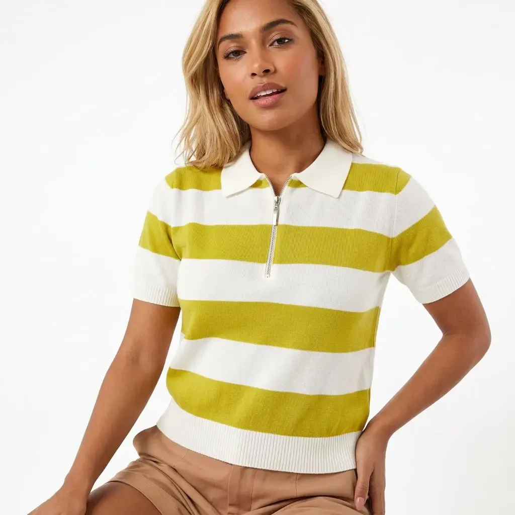 Kadın Polo Yaka Çizgi Desenli Fermuarlı Triko Kazak 12460