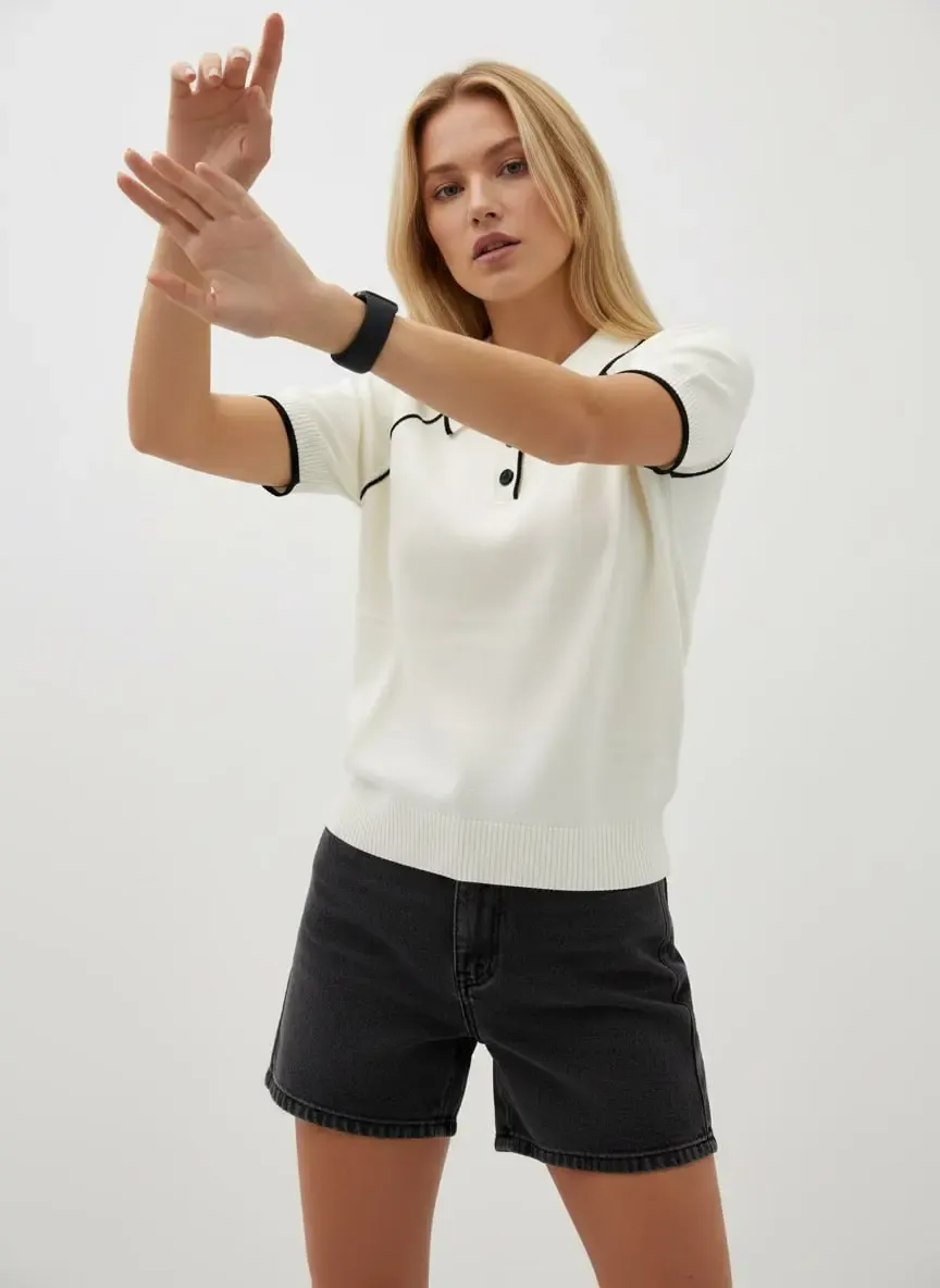 Kadın Polo Yaka Çizgi Detay Düğmeli Triko Kazak 12432