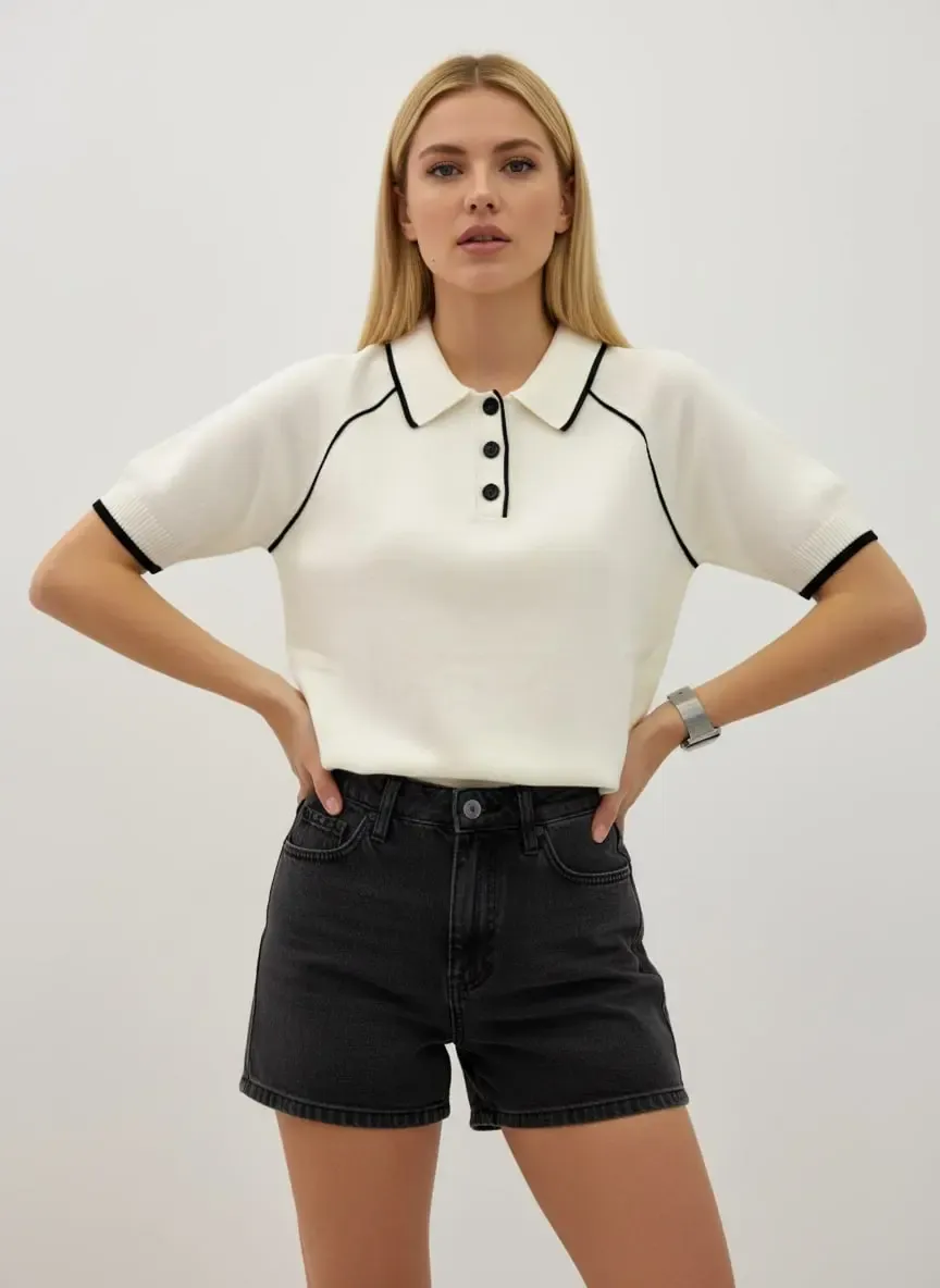 Kadın Polo Yaka Çizgi Detay Düğmeli Triko Kazak 12432