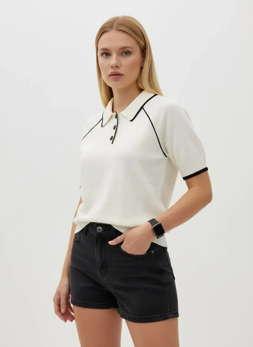 Kadın Polo Yaka Çizgi Detay Düğmeli Triko Kazak 12432