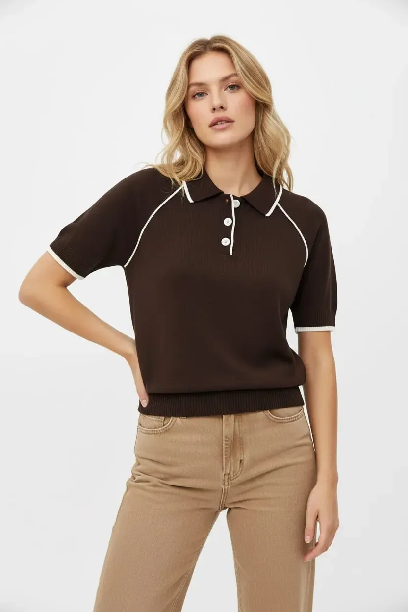 Kadın Polo Yaka Çizgi Detay Düğmeli Triko Kazak 12432