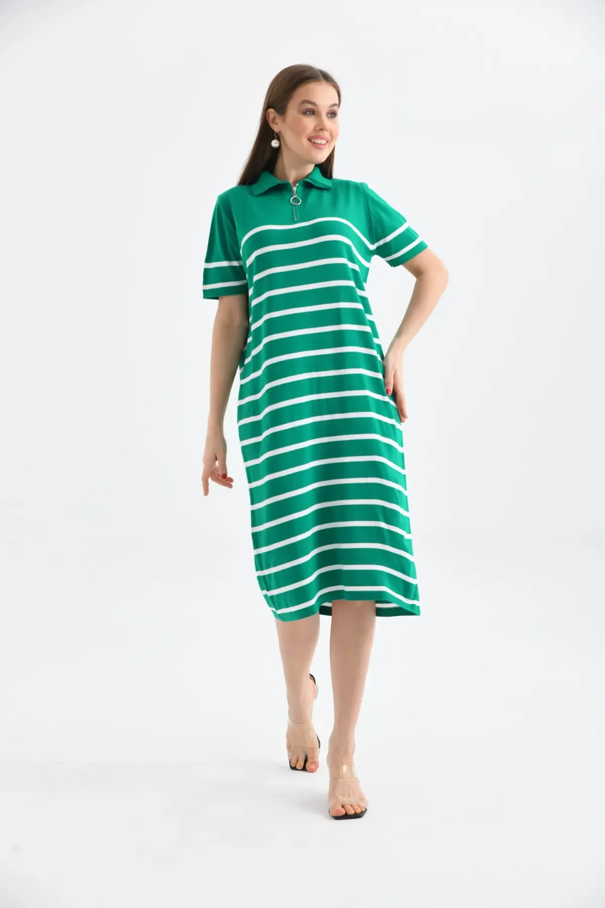 Kadın Polo Yaka Çizgili Maksi Boy Triko Elbise 10027