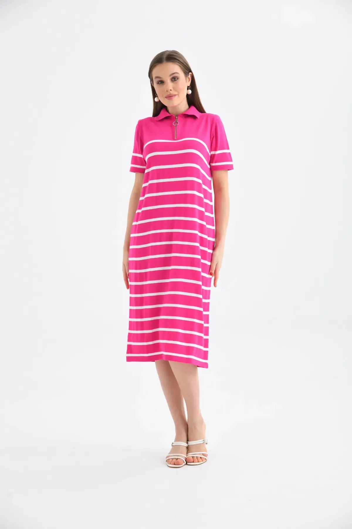 Kadın Polo Yaka Çizgili Maksi Boy Triko Elbise 10027