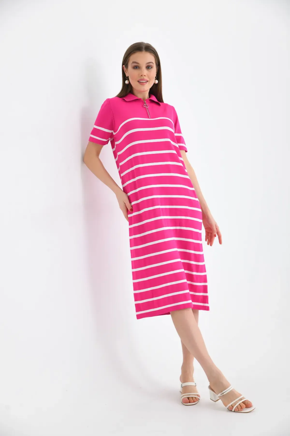 Kadın Polo Yaka Çizgili Maksi Boy Triko Elbise 10027