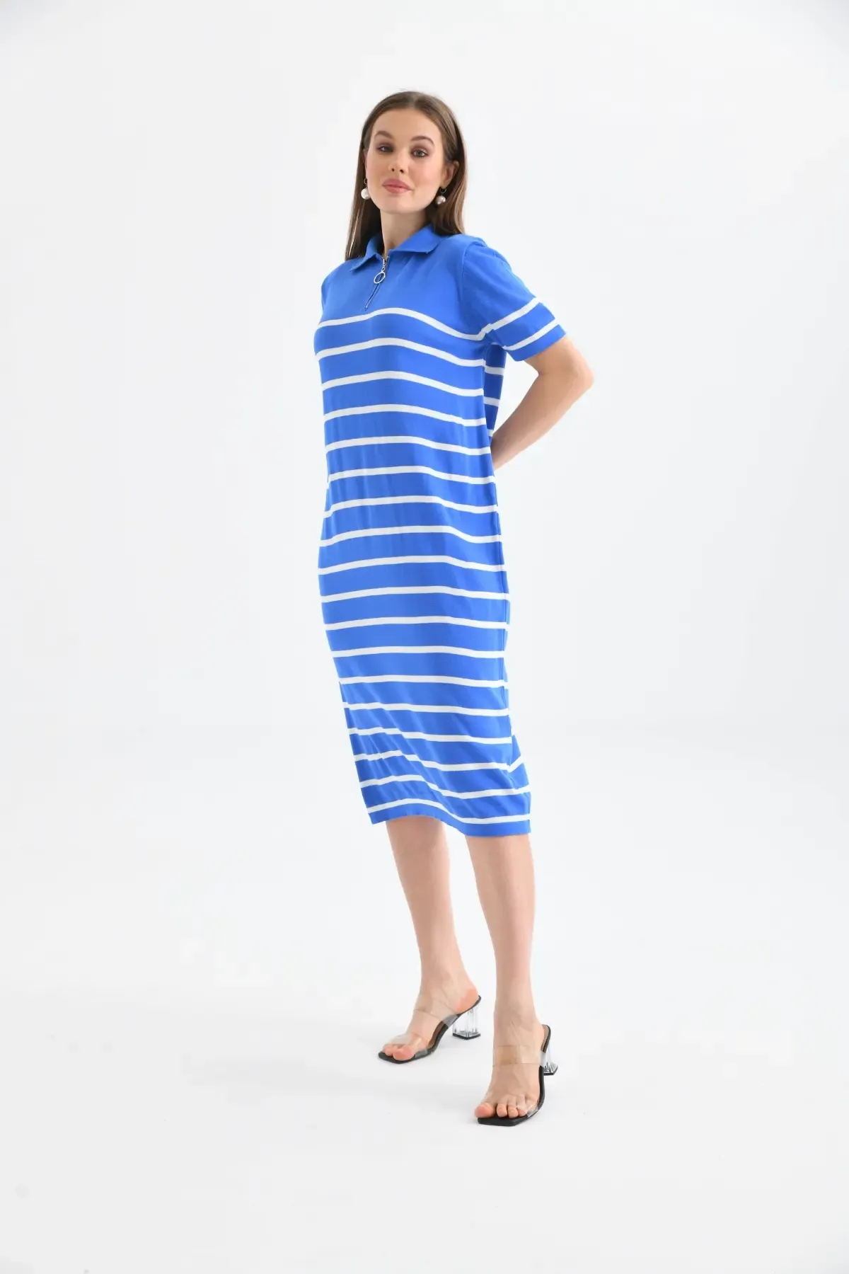 Kadın Polo Yaka Çizgili Maksi Boy Triko Elbise 10027
