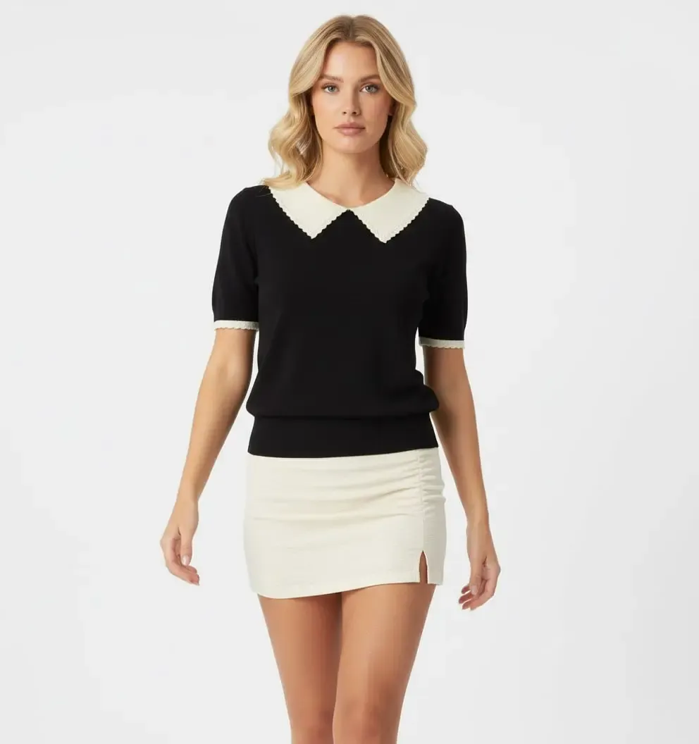 Kadın Polo Yaka Detay Premium İplik Triko Kazak 12428.Crs