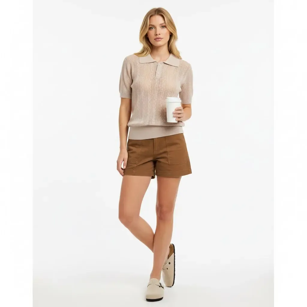 Kadın Polo Yaka Düğme Detay Ajurlu Rayon İplik Triko Kazak 12412.Ocn