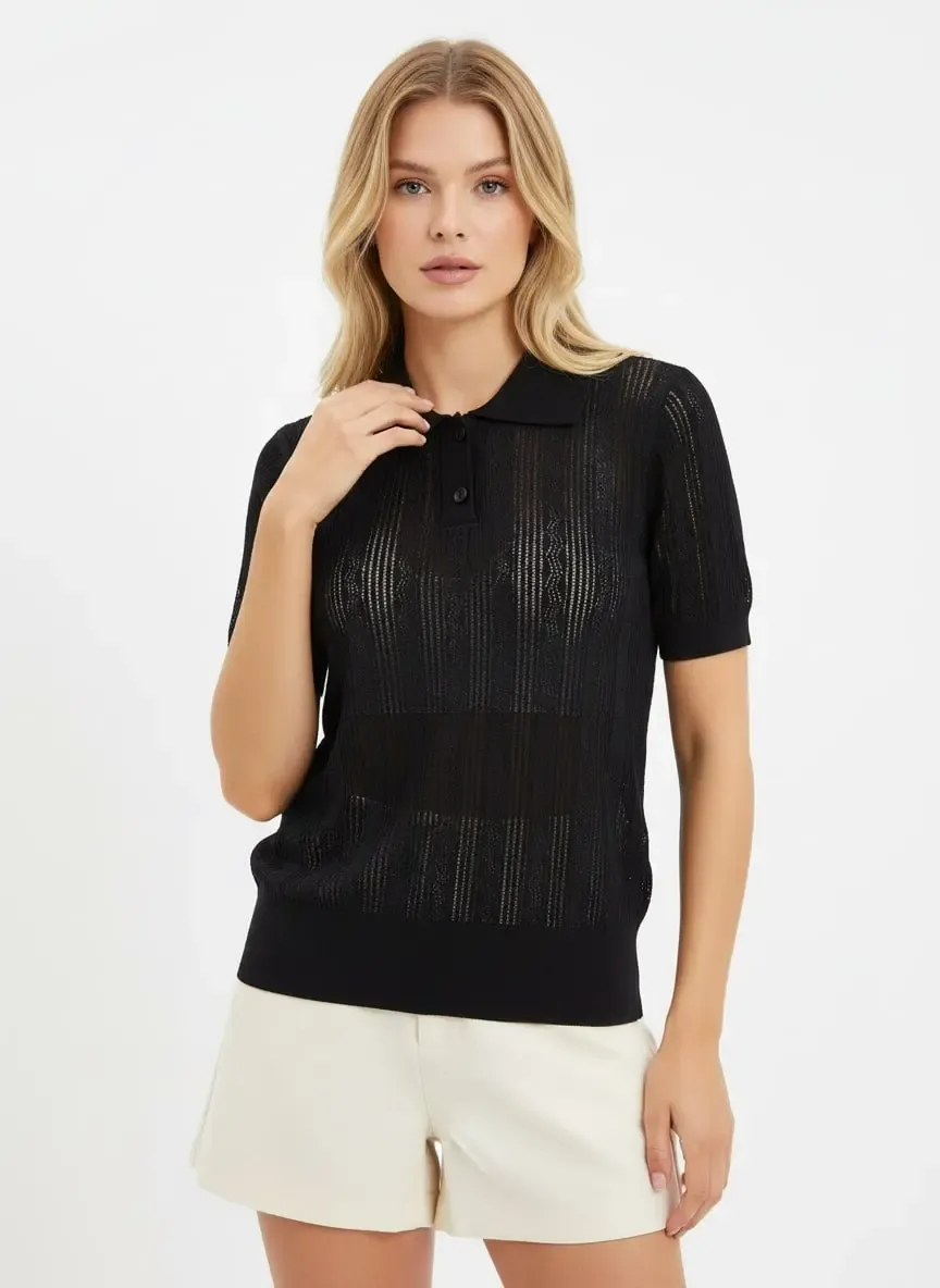 Kadın Polo Yaka Düğme Detay Ajurlu Rayon İplik Triko Kazak 12412.Ocn