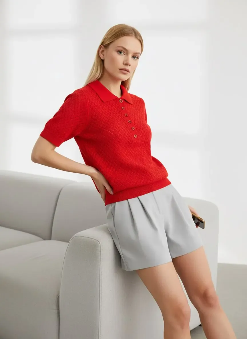 Kadın Polo Yaka Düğme Detay Ajurlu Triko Kazak 12193