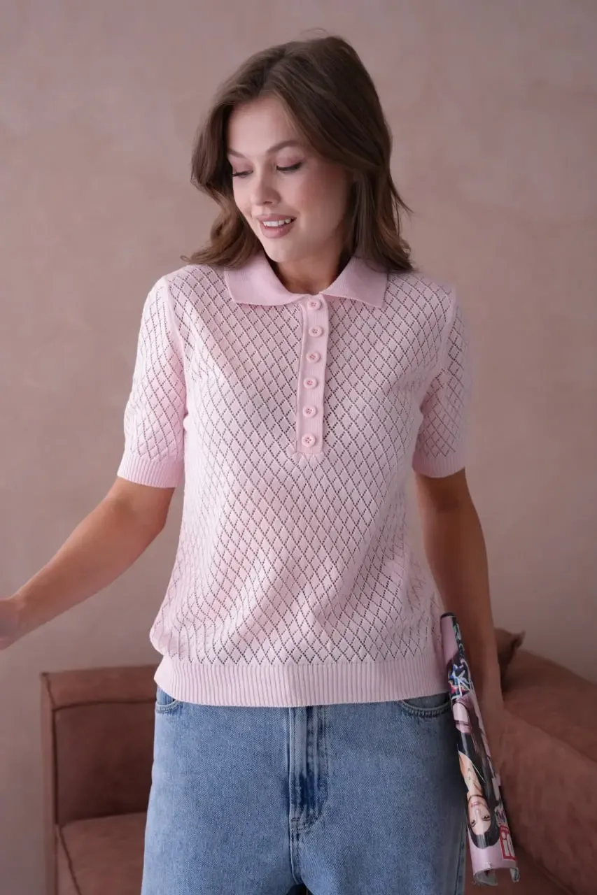 Kadın Polo Yaka Düğme Detay Ajurlu Triko Kazak 12193